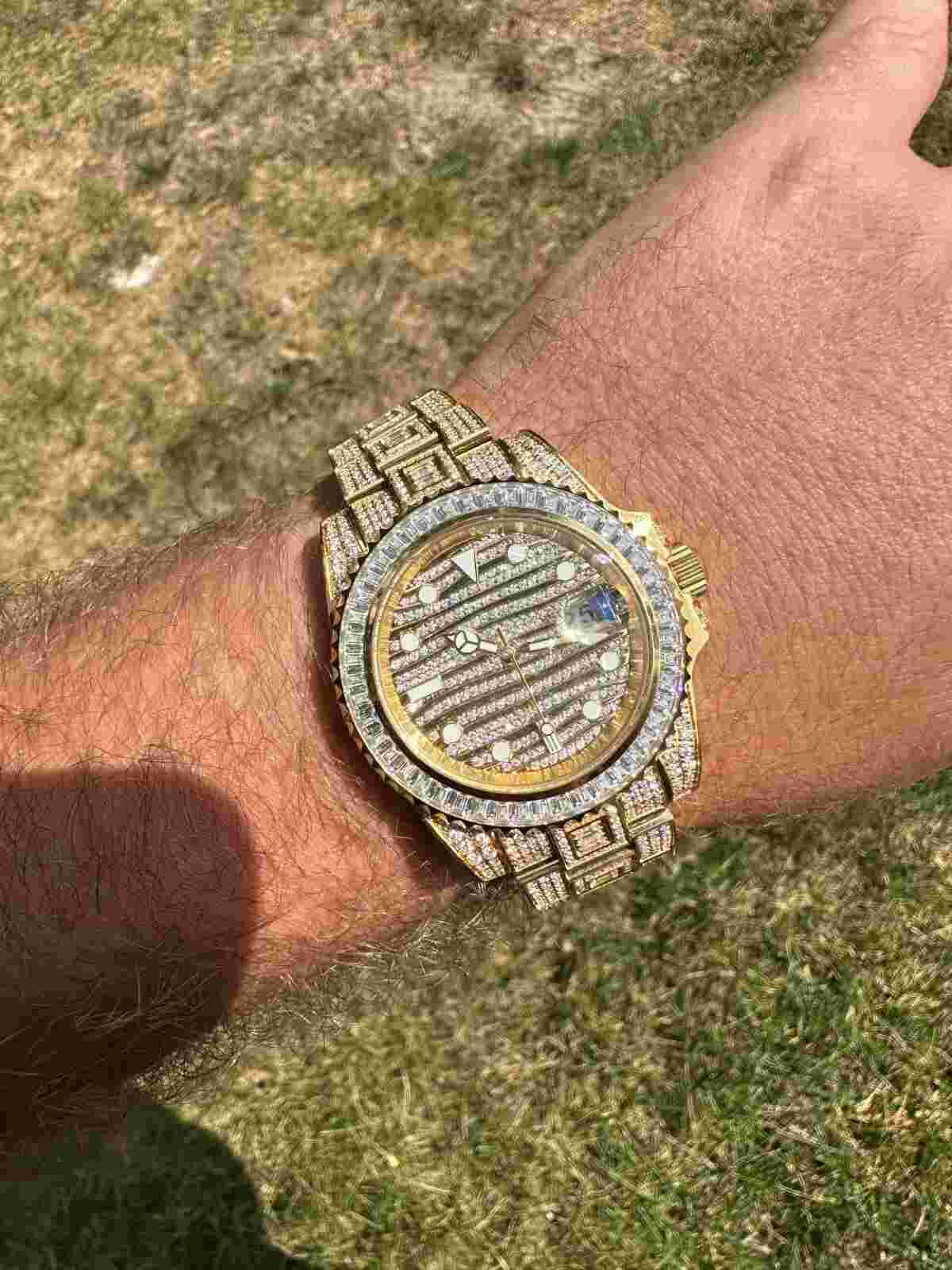 Real Baguette MOISSANITE Mens NO ID Presidential Wave Watch Iced Gold  Hip Hop