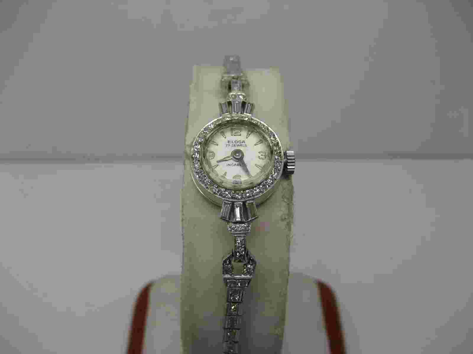 14K WHITE GOLD & DIAMOND ART DECO ELOGA LADIES WRIST WATCH