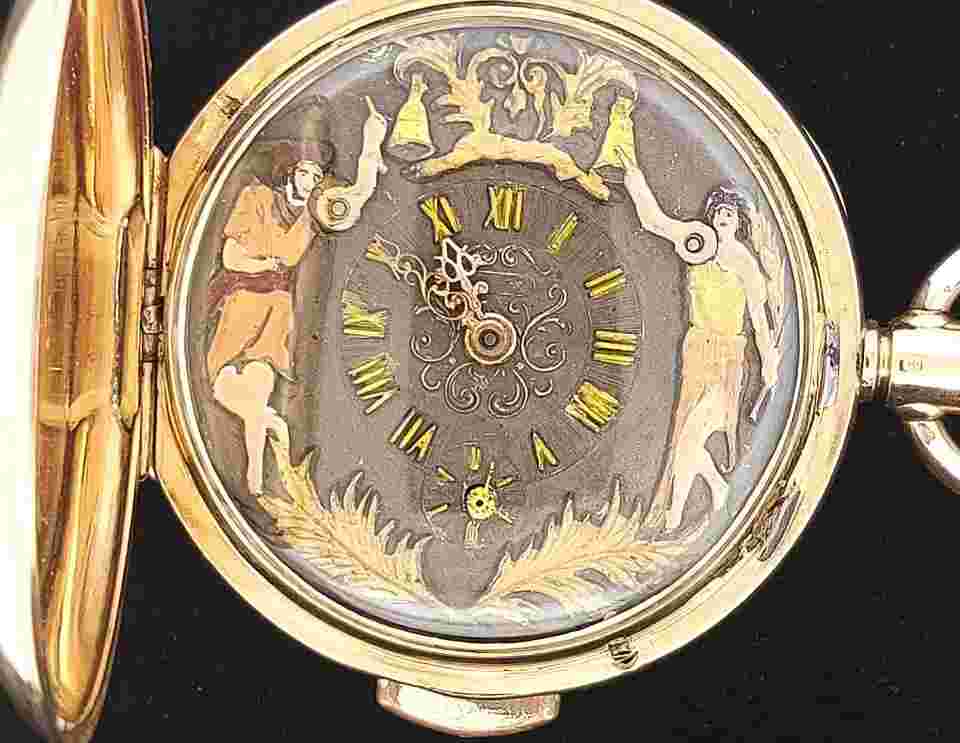 Antique 18k Solid Gold Minute Repeater Animated Pocket Watch w/Erotic Scene, Box