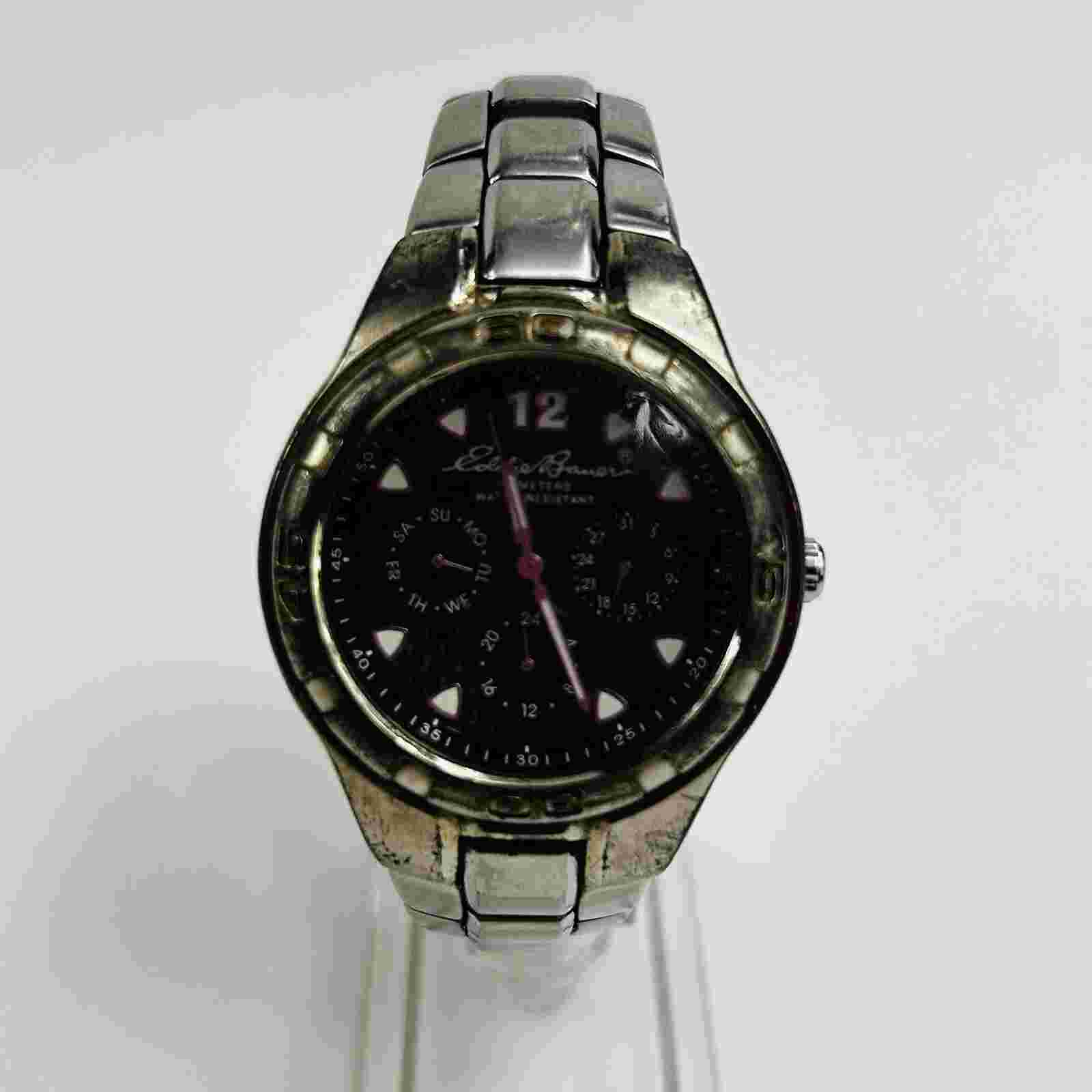 Eddie Bauer LG Carbon 3 Eye Watch Men 39mm Silver tone Day Date New Battery
