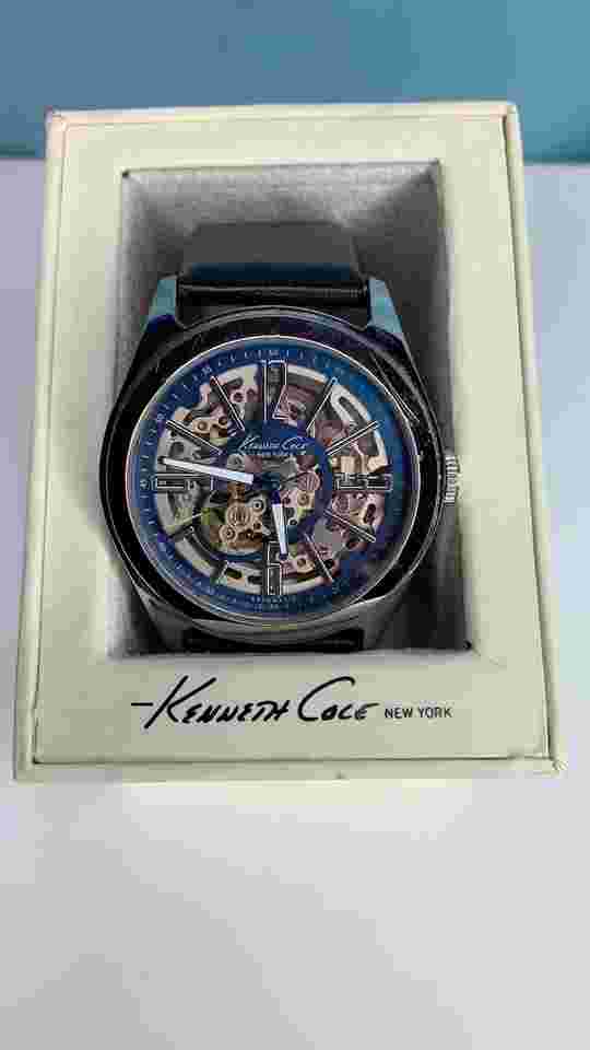 Kenneth Cole Automatic Analog Skeleton Watch Blue Silver Gold Leather Strap RARE