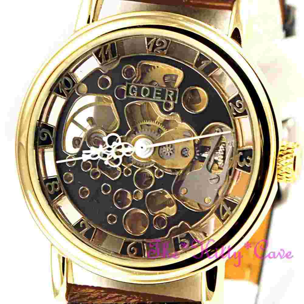 Mechanical Skeleton Heritage Steampunk Gold & Brown Leather Wind-Up Unisex Watch