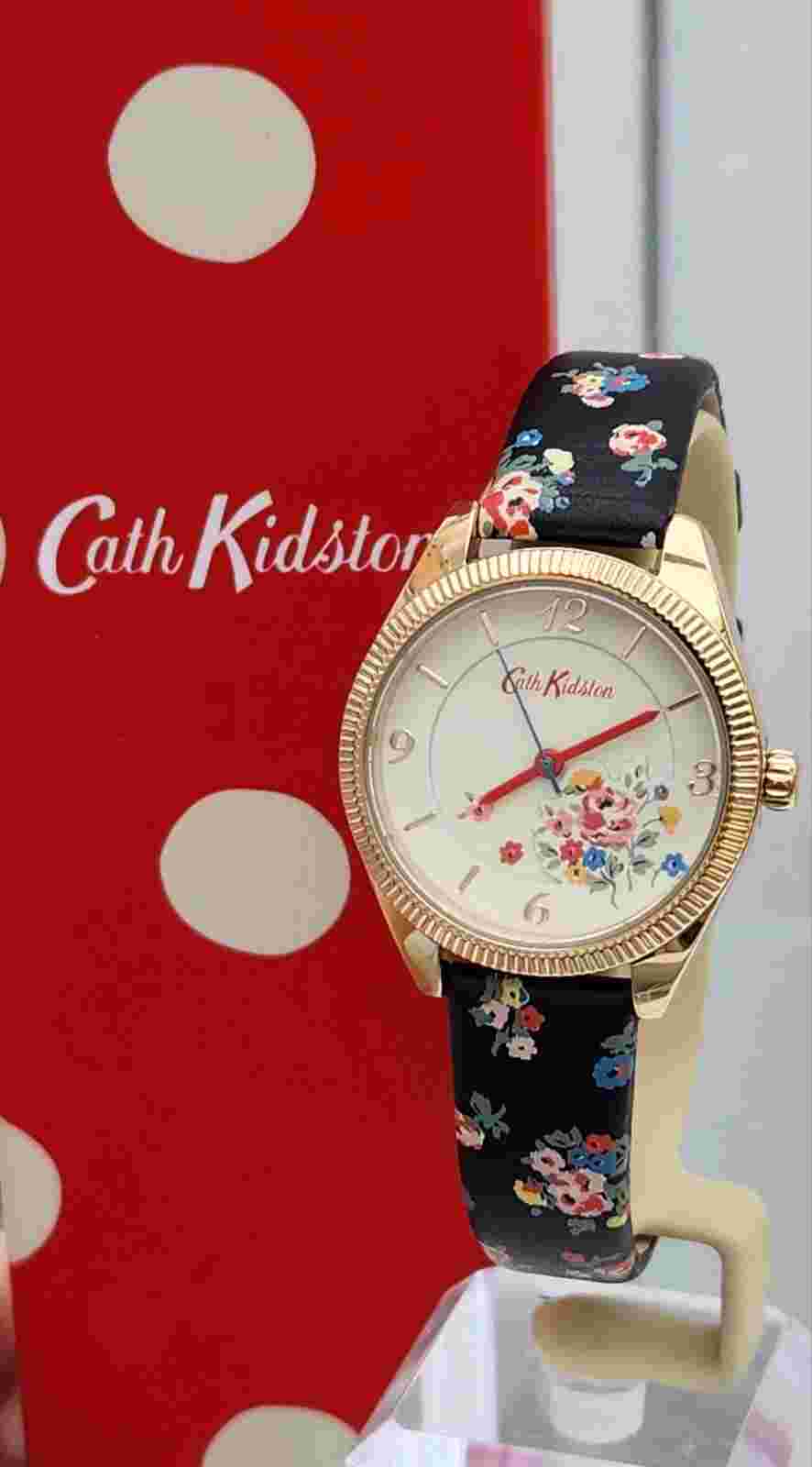 New Cath Kidston Ladies Watch Gold Plated Case, Black Leather Strap RRP £79 (4