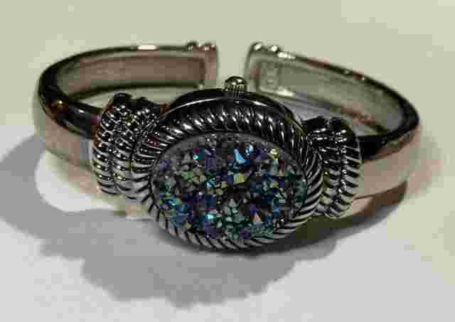 Gem Essence Peacock Drusy Quartz Hidden Case Silvertone Bangle Watch HSN NEW BOX