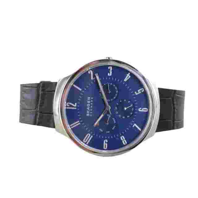 Skagen Mens Grenen Blue Dial Black Leather Multi Chronograph Watch SKW6535