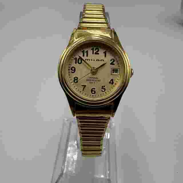Milan Watch Women Gold Tone Date Window Stretch Band New Battery 6.25 Inch