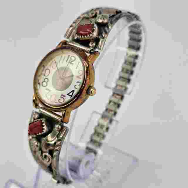 VTG Navajo Red Coral 925 Sterling Silver Tips Orvis 26MM Women Watch New Battery
