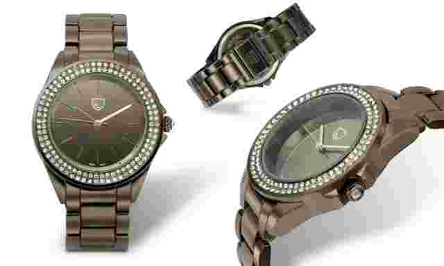 NEW Picard & Cie 1462 Womens Poloma Crystal Bezel Mirror Finish Dial Black Watch