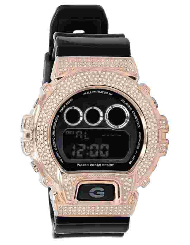 G-Shock Black DW 6900 Rose Gold Plated Real Diamond Watch 2 CT