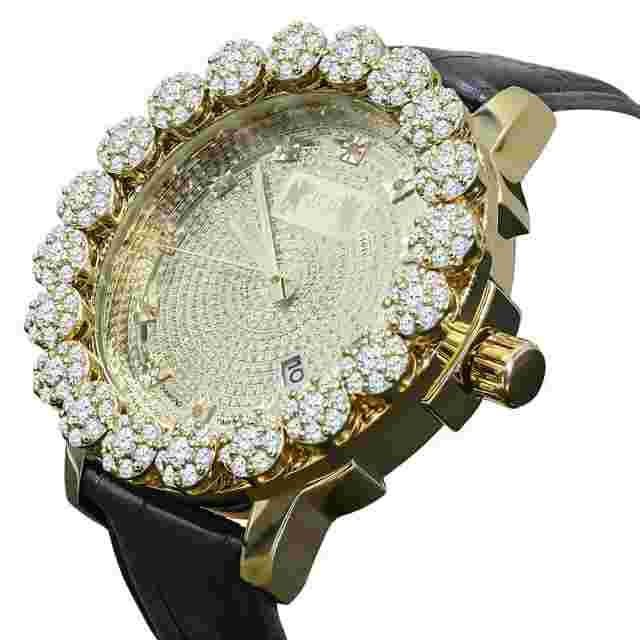 Mens Gold Finish Watch Leather Strap Real Diamond Khronos Analog Water Resistant