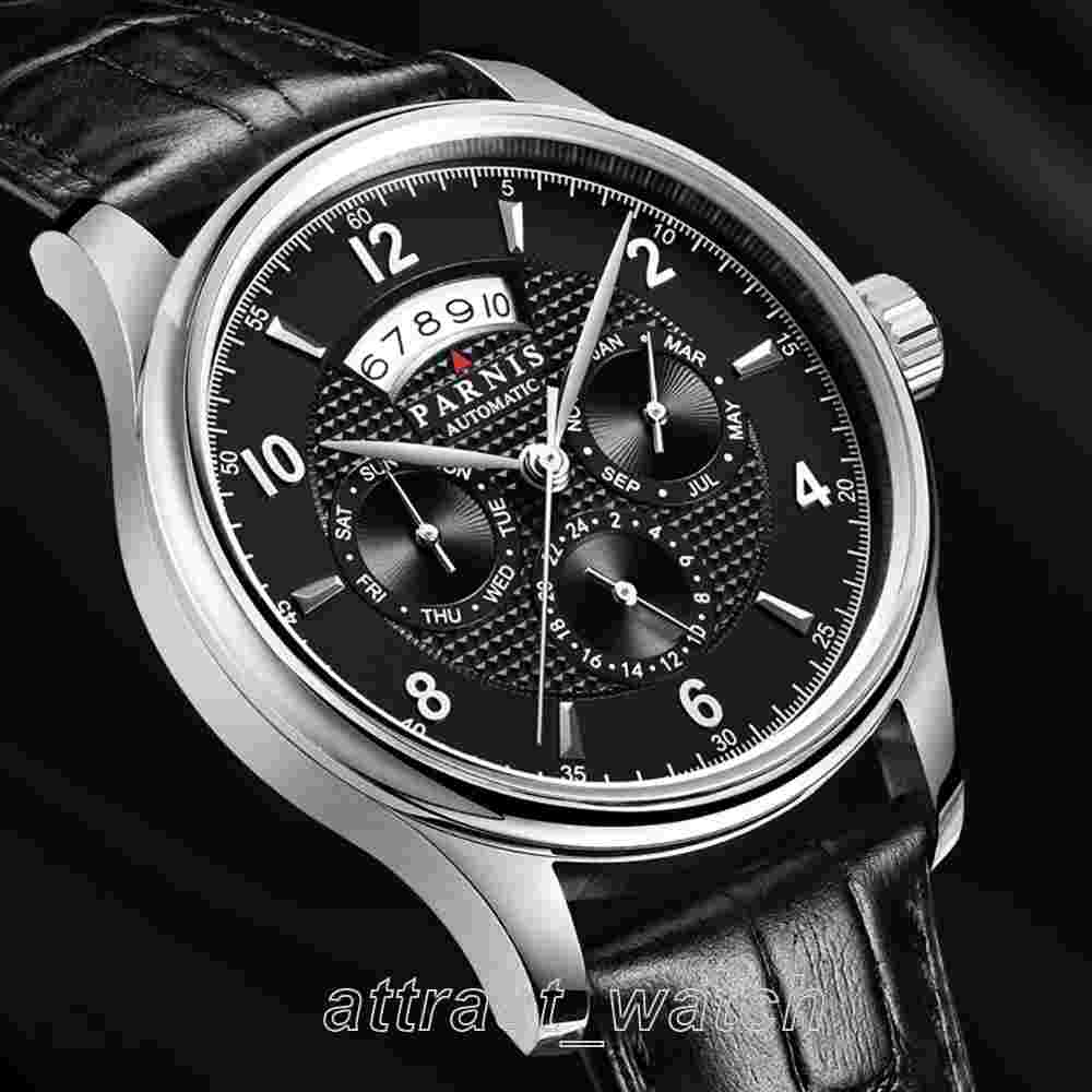 43mm Parnis Miyota Automatic Men Watch Sapphire Crystal Month Day Date Indicator