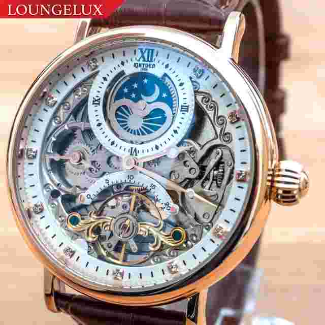 Mens Dual Time Flywheel Automatic Mechanical Watch Rose Gold White Dial Brown