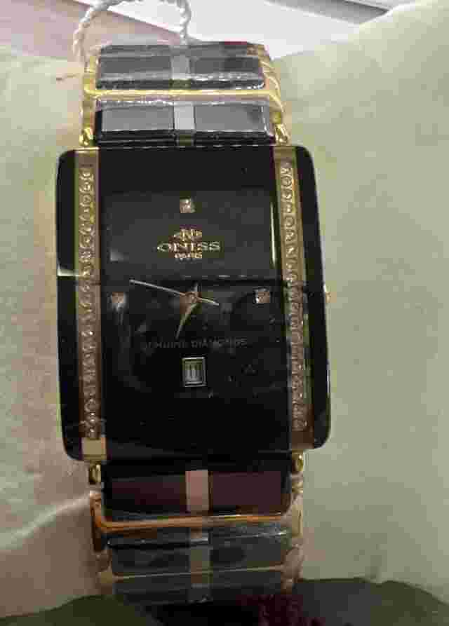 NEW ONISS PARIS BLACK CERAMIC CLASSIC GENUINE DIAMOND MENS WATCH NO390-1M