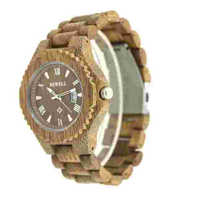 Bewell Mens Wooden Watch 46MM Case Kasinan Natural Wood Japan MOV Date Indicator