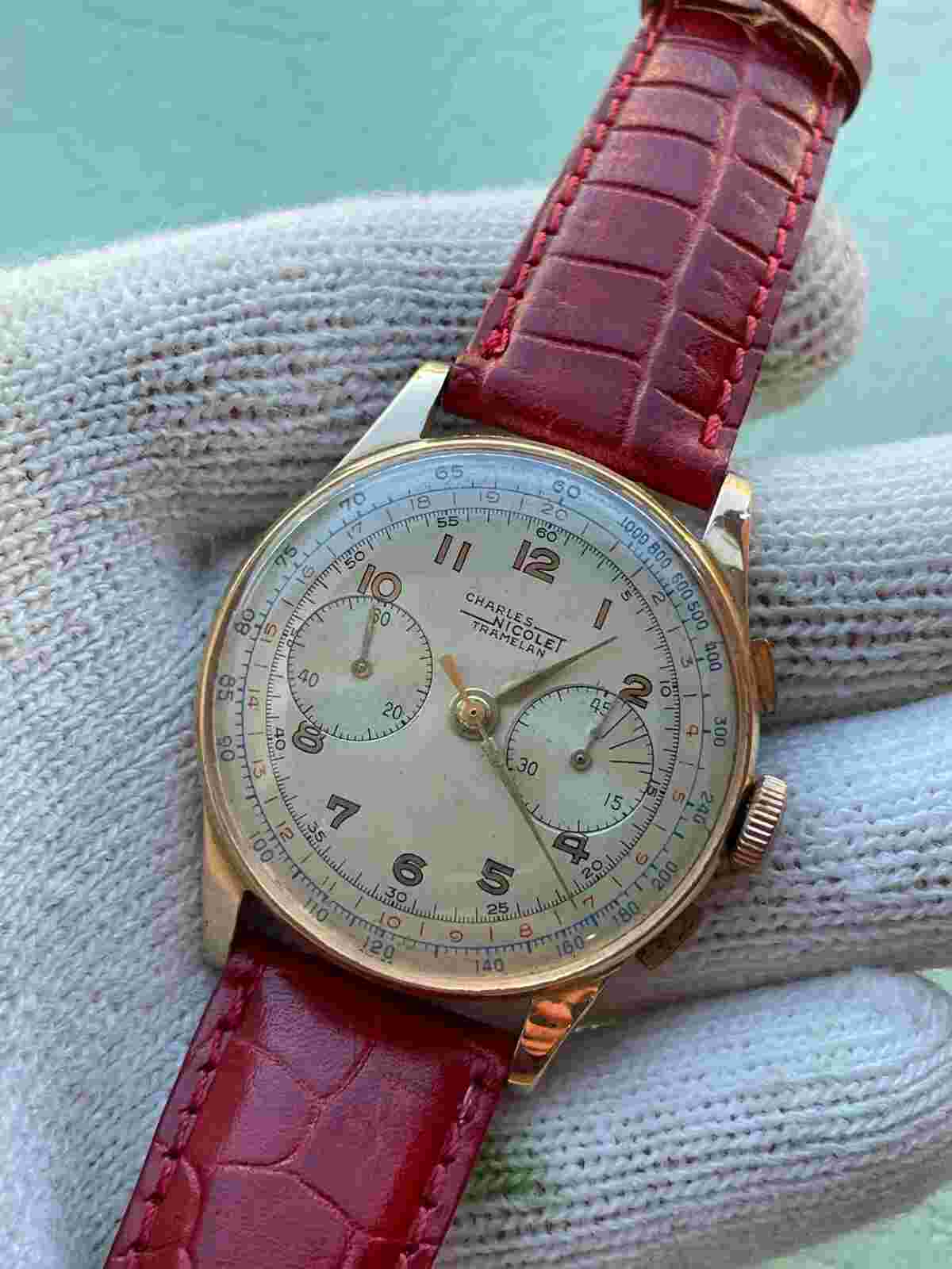 CHARLES NICOLET WATCH CHRONOGRAPH  MANUAL GOLD 18K 750 MENS 37.5mm SWISS MADE