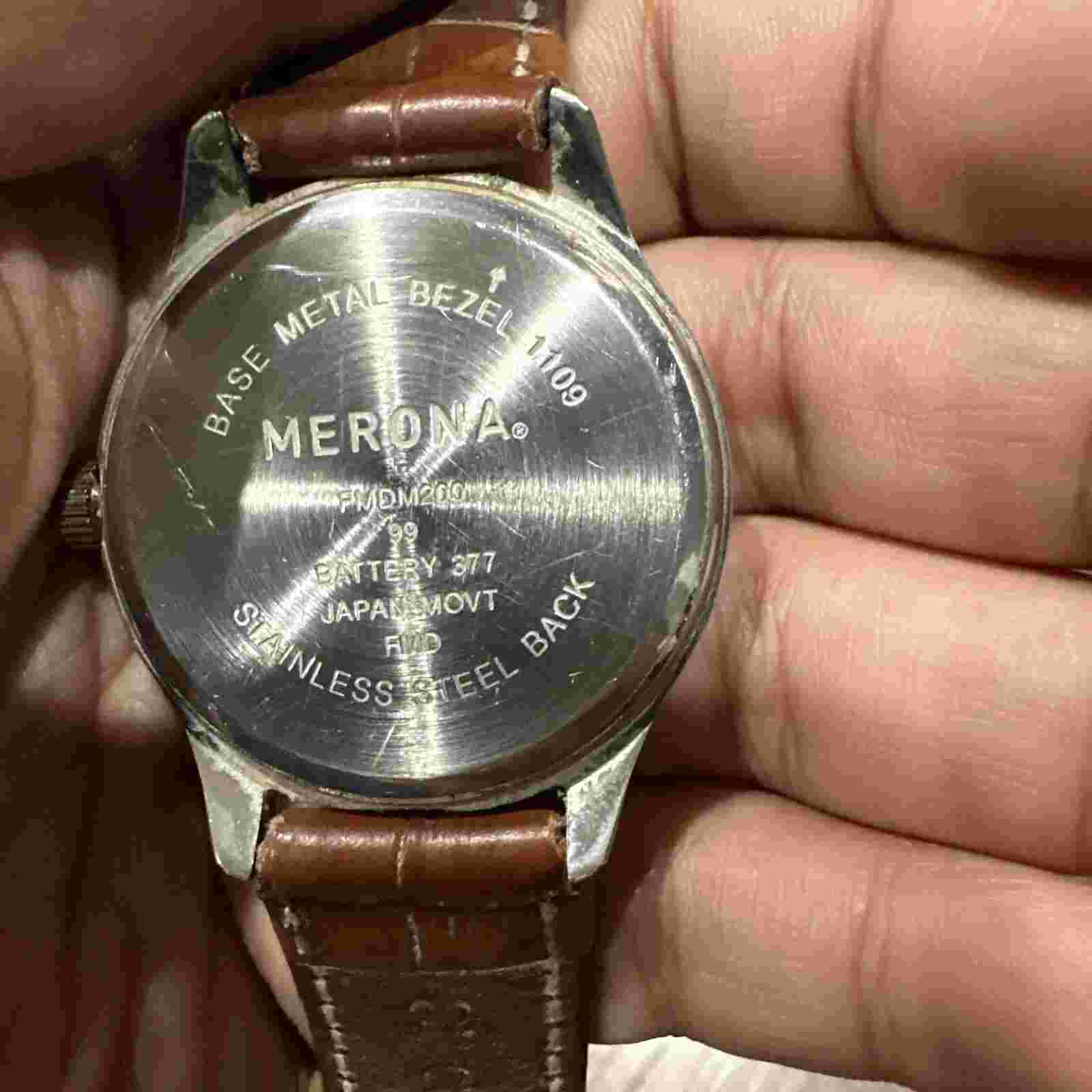 *Working* Merona Watch Black Dial & Silver Tone Brown Leather Strap Big Dial