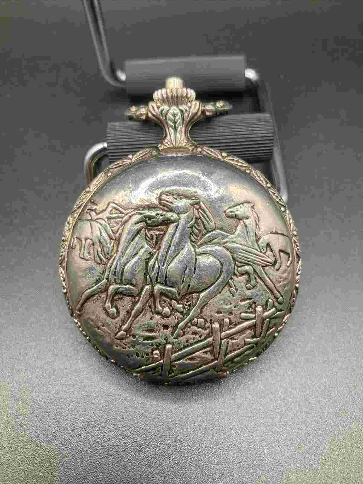 Vintage Galaxy NY Horses Pocket Watch Silver Tone - Working