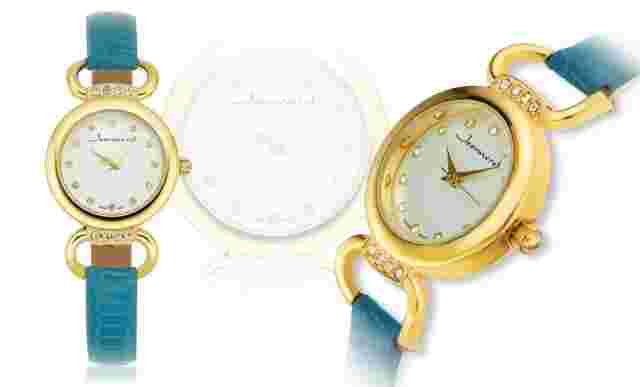 NEW Jeanneret 10041 Womens Florence Quartz Aqua Leather Gold Tone Accented Watch