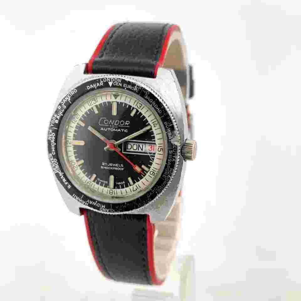 Vintage Condor 125 World Time 21J Men Automatic Wristwatch RondaMatic SwissSteel