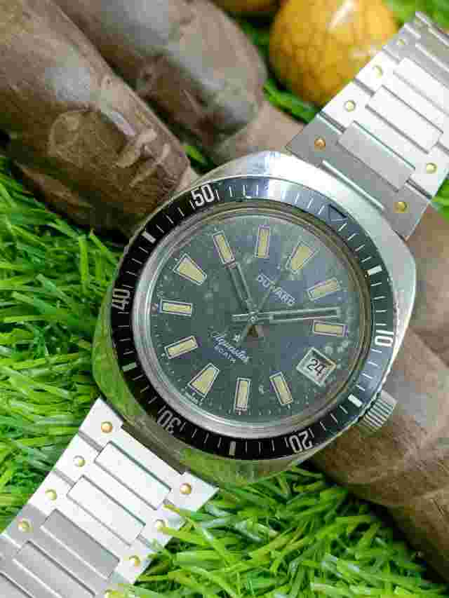AUTHENTIC DUWARD AQUASTAR DIVER'S SWISS MEN'S AGED PATINA BLUE DIAL VINTAGE