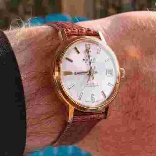 1974 BULER-25 Jewel Swiss Automatic Men's Watch-Runs Great-New Lizard Band-EUC