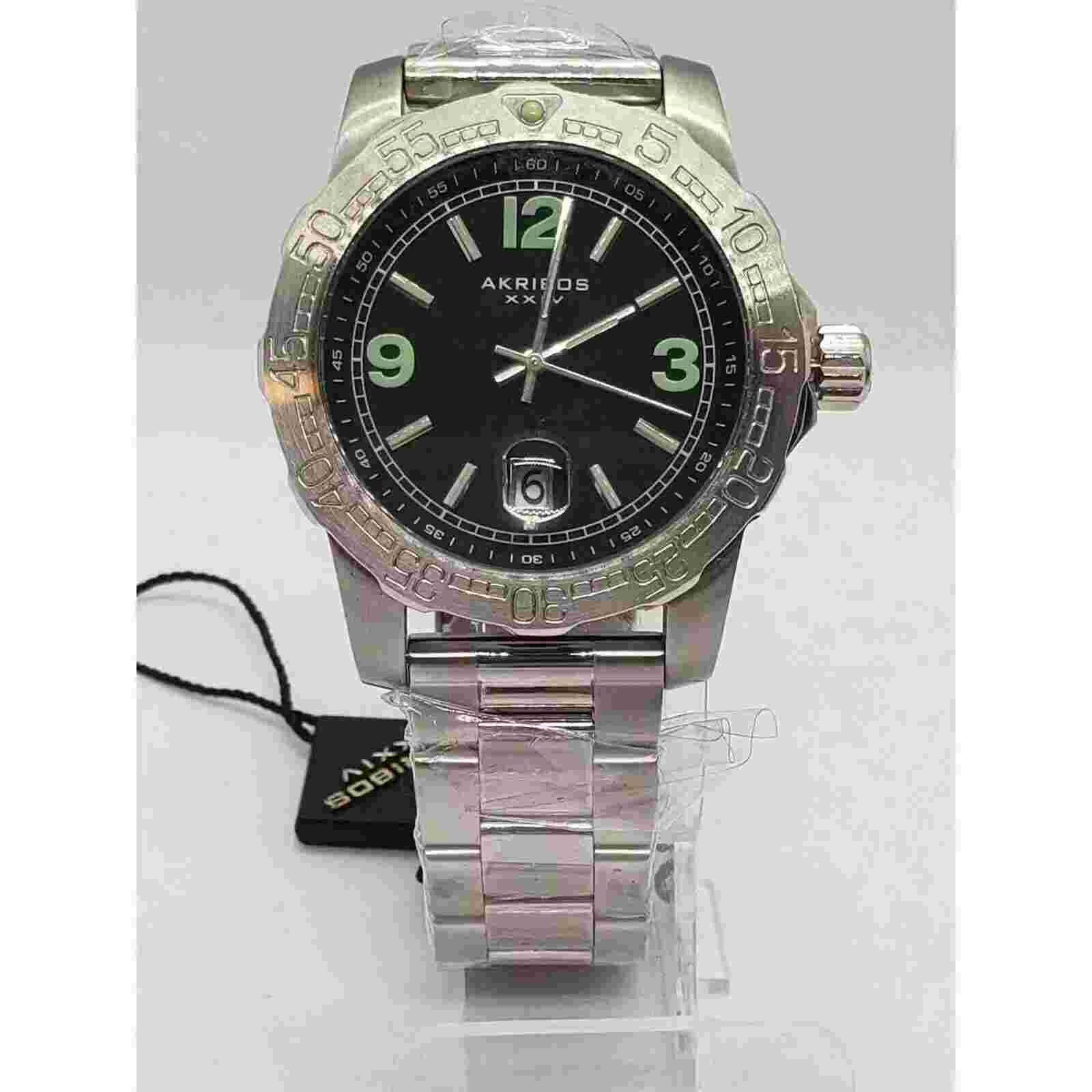 Akribos XXIV AK696SSB Date Luminous Markers Black Dial Silvertone Mens Watch