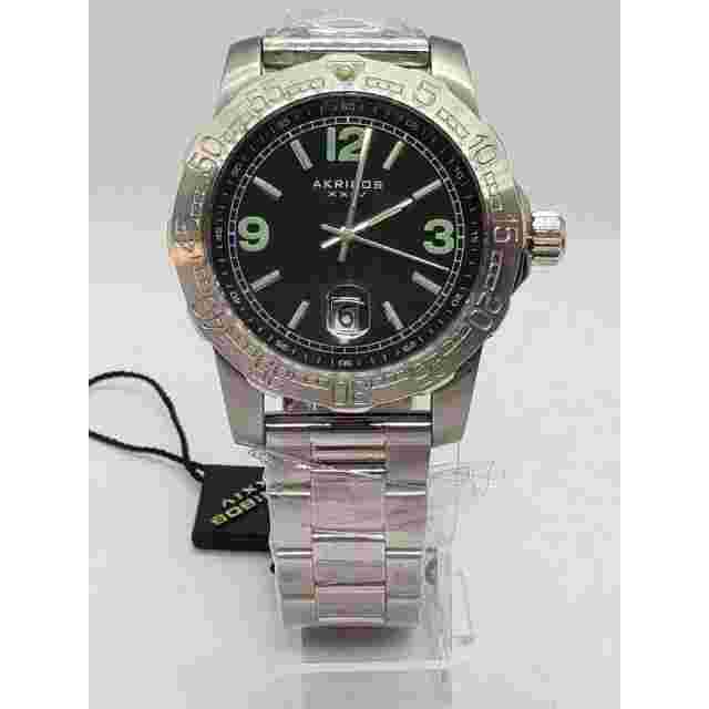 Akribos XXIV AK696SSB Date Luminous Markers Black Dial Silvertone Mens Watch
