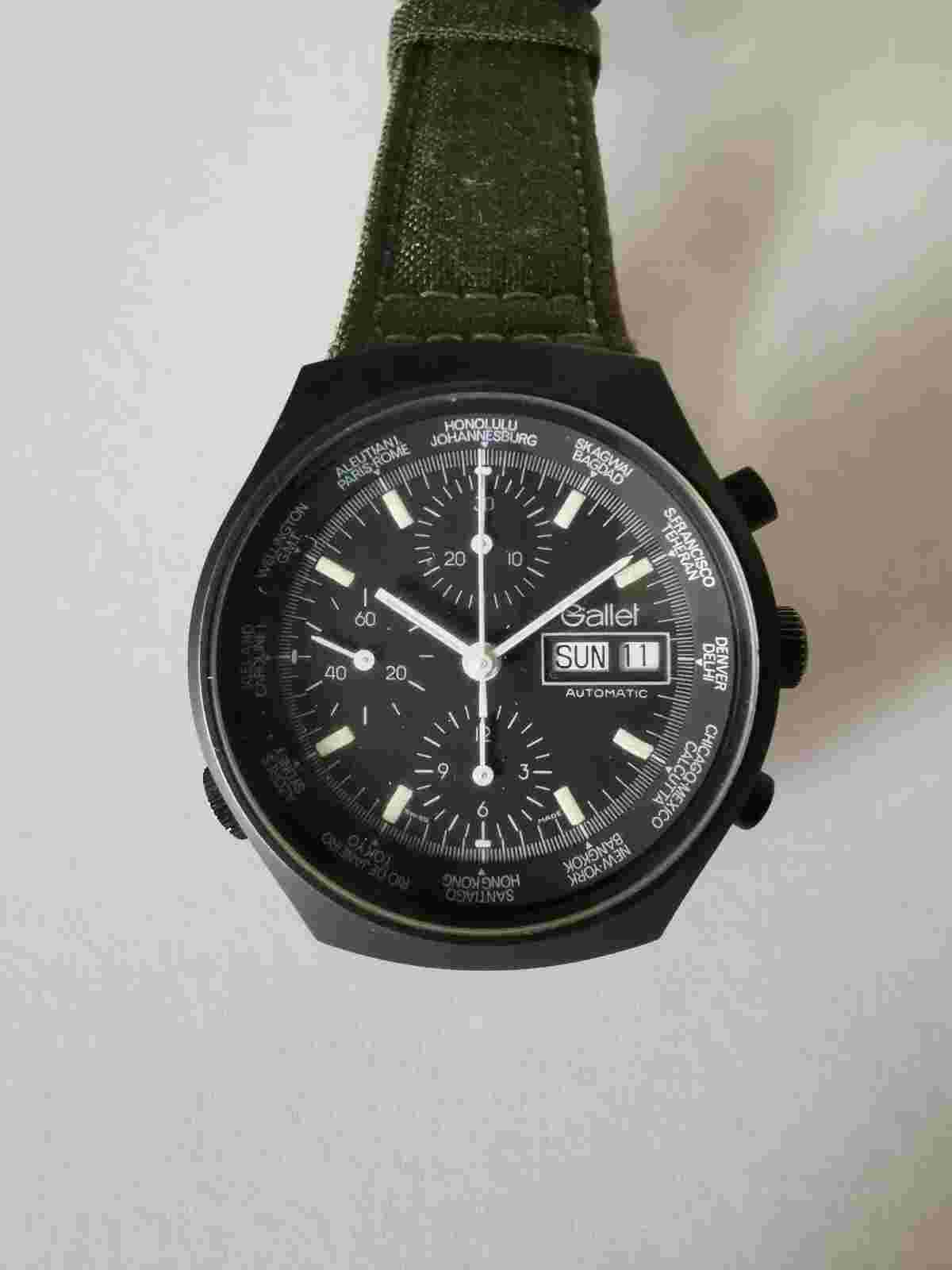 Vintage Gallet Valjoux 7750 World-Time GMT chronograph automatic Black PVD