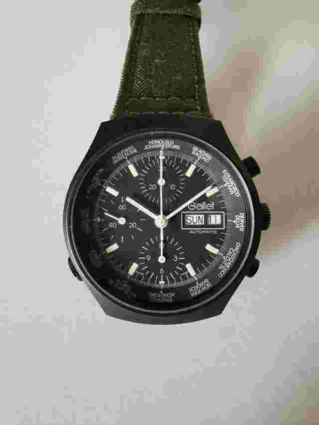 Vintage Gallet Valjoux 7750 World-Time GMT chronograph automatic Black PVD