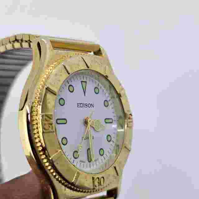 Edison Men's Watch 38MM White Dial Gold Tone Expansion Band 6" Wrist New Battery