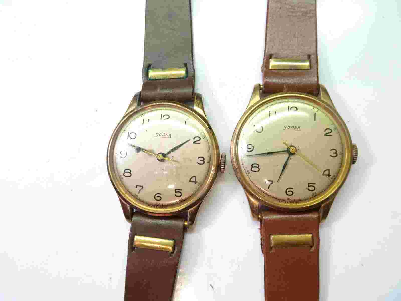 SORNA LOT OF 2 VINTAGE BLUE HAND SWISS WRIST WATCHES RUNNING TO RESTORE BANDS