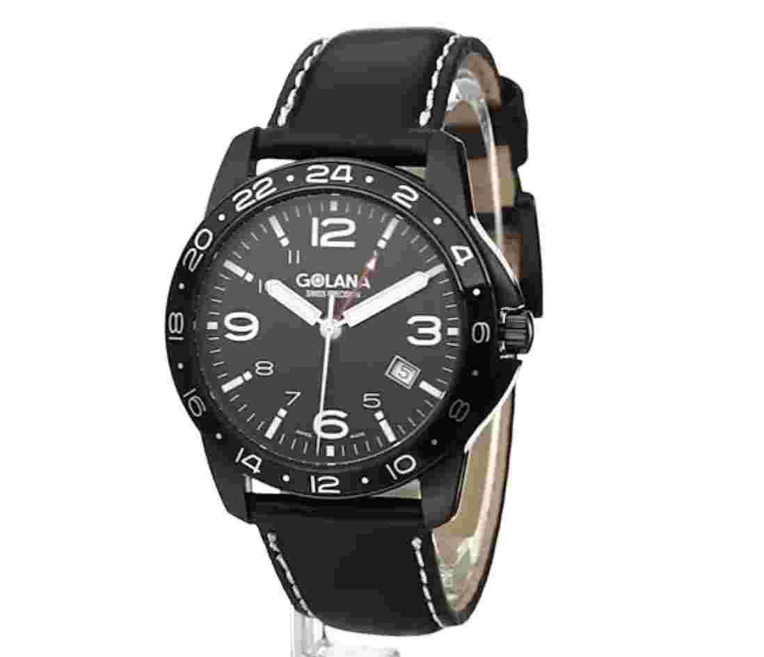 Golana Swiss Men's AE310-1 Aero Steel Leather Two Time Zone Watch Swiss Made.