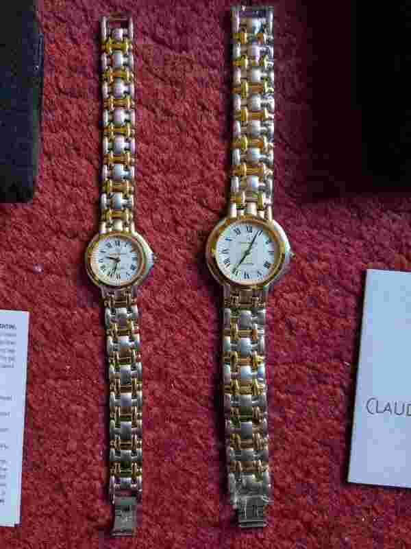 Pair of Ladies & Gents Claude Valentini 18CT Electroplated Quartz Watches
