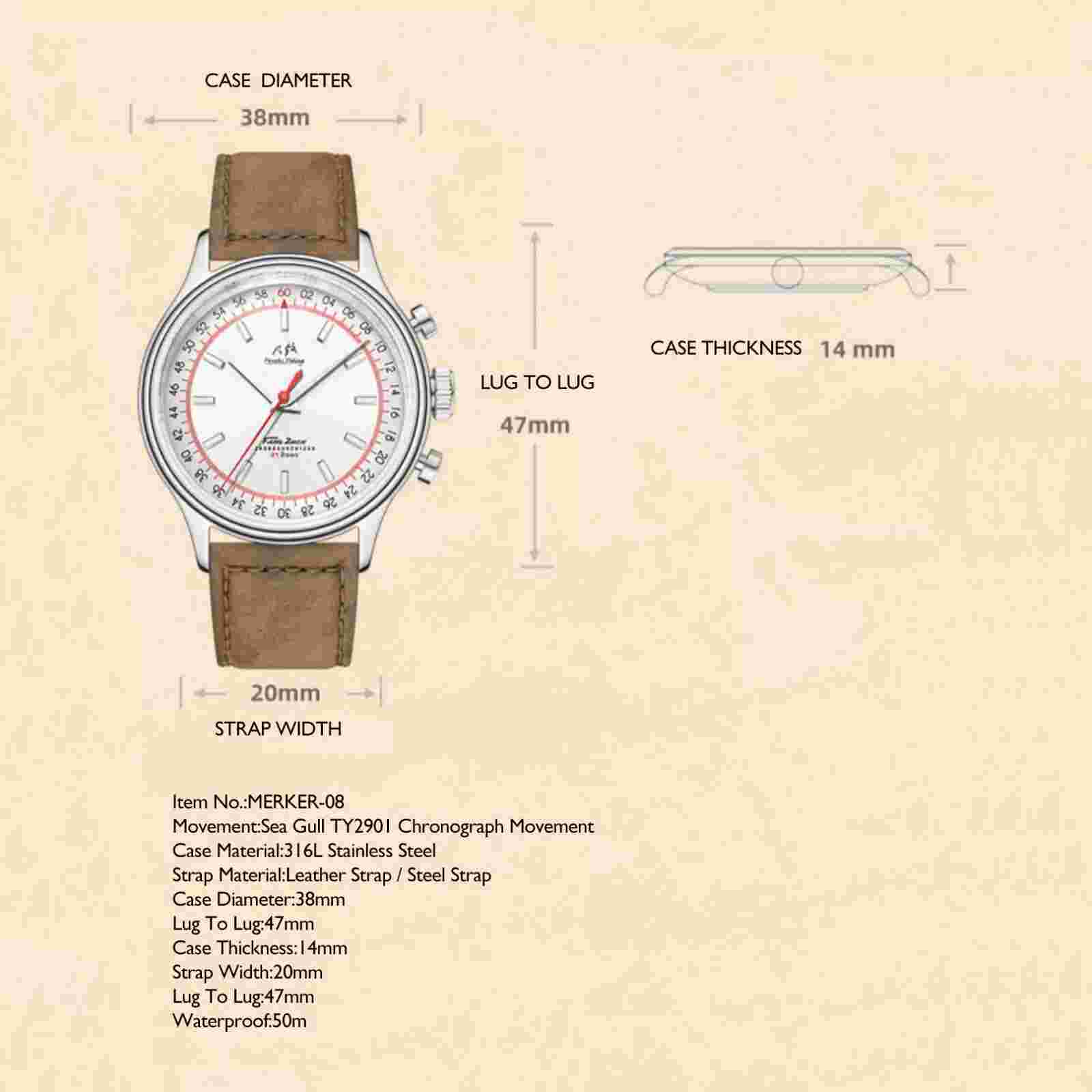 MERKUR Mens Chronograph Watches Pilot Manual Wind Mechanical Wristwatch TY2901