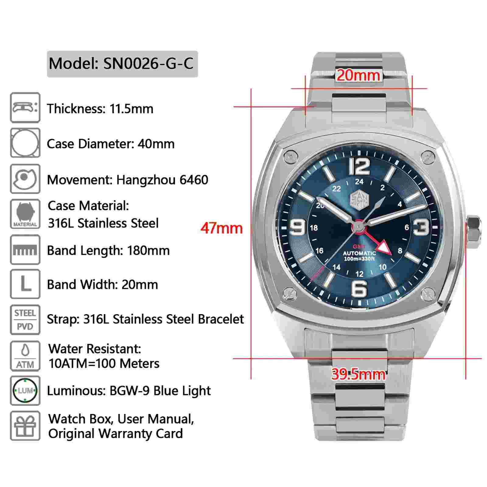SAN MARTIN SN0026-G-C GMT Automatic Stainless Steel 40mm 10ATM Men's Sport Watch