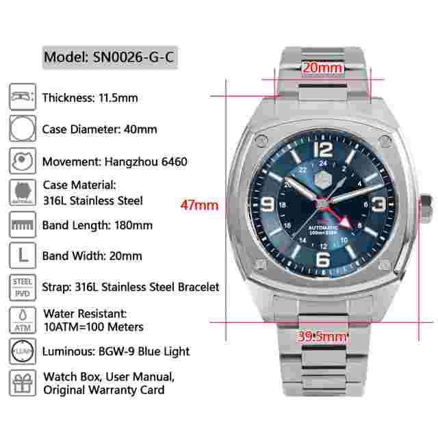 SAN MARTIN SN0026-G-C GMT Automatic Stainless Steel 40mm 10ATM Men's Sport Watch