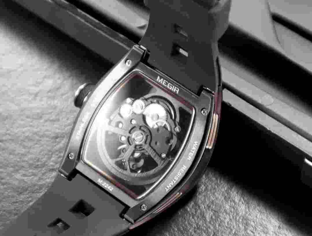 MEGIR 316 Stainless Steel Skeleton Automatic Watch Silicone Strap Men Rose Black