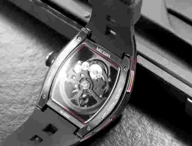 MEGIR 316 Stainless Steel Skeleton Automatic Watch Silicone Strap Men Rose Black