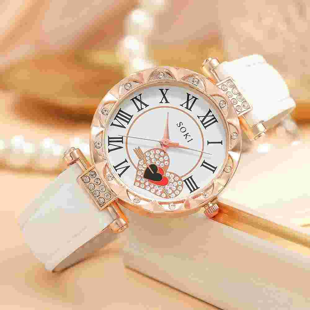 SOKI Quartz Heart Rhinestone Round White Leather Women's Watch Fashion Jewelr...