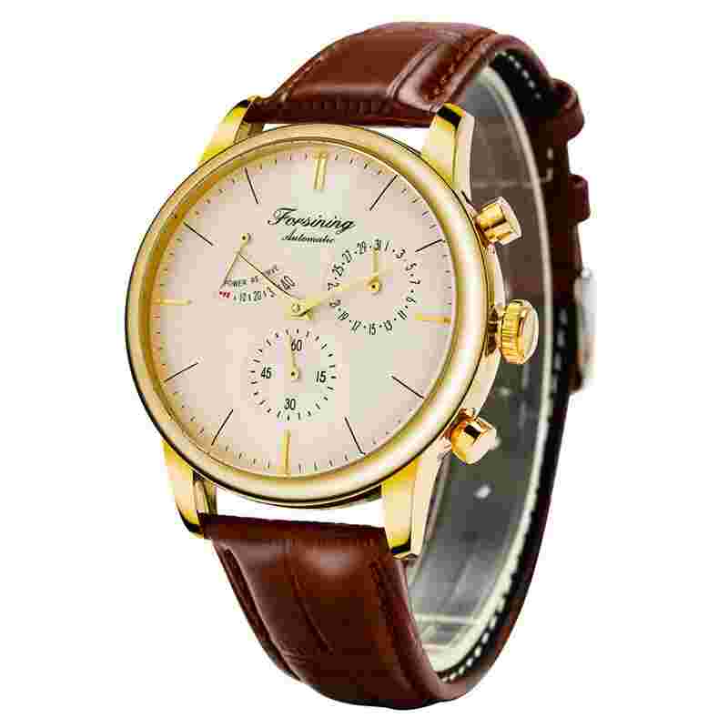 FORSINING 40H Power Reserve Men Auto Mechanical Wrist Watch Leather Strap reloj