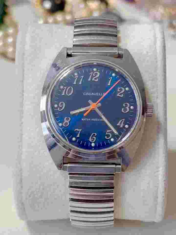 Men's Caravelle by Bulova Self-Winding Silver Tone Cushion Watch Blue Face N7
