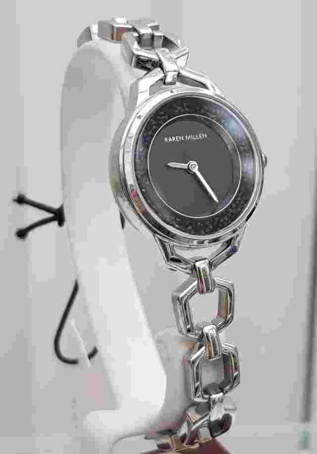 New KAREN MILLEN Silver Bracelet Ladies Watch Black Shimmer dial RRP £189(KM52