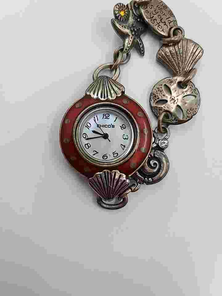 Chicos Red & Silver Toned Charm Watch Women’s "The World Is Your Oyster" Fashion
