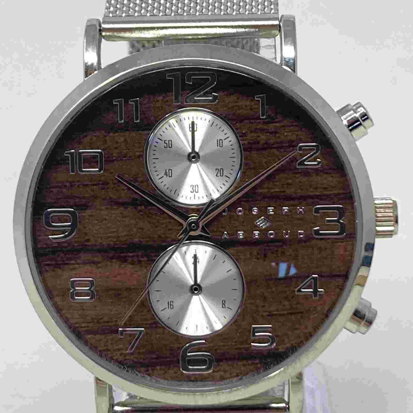 Joseph Abboud Watch Men 45mm Silver Tone Wood Look Dial Mesh Band New Battery