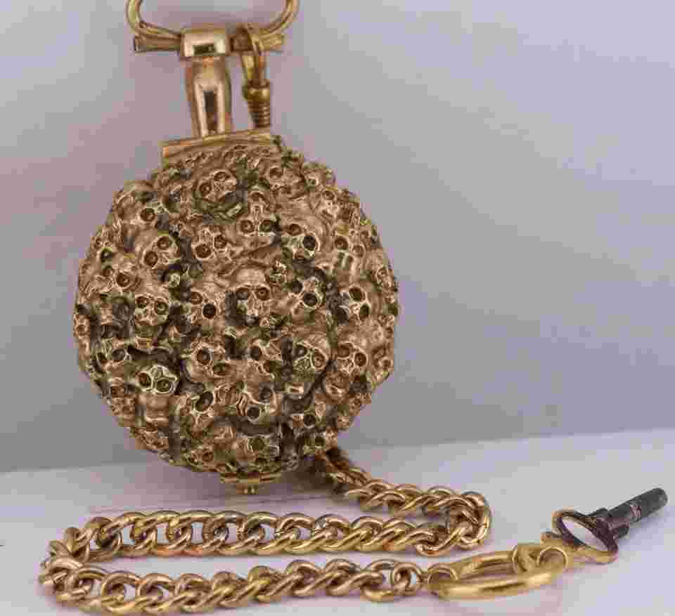 Antique French Pocket Watch Verge Fusee Skull 18k Gilt Ormolu Case c1730's RARE