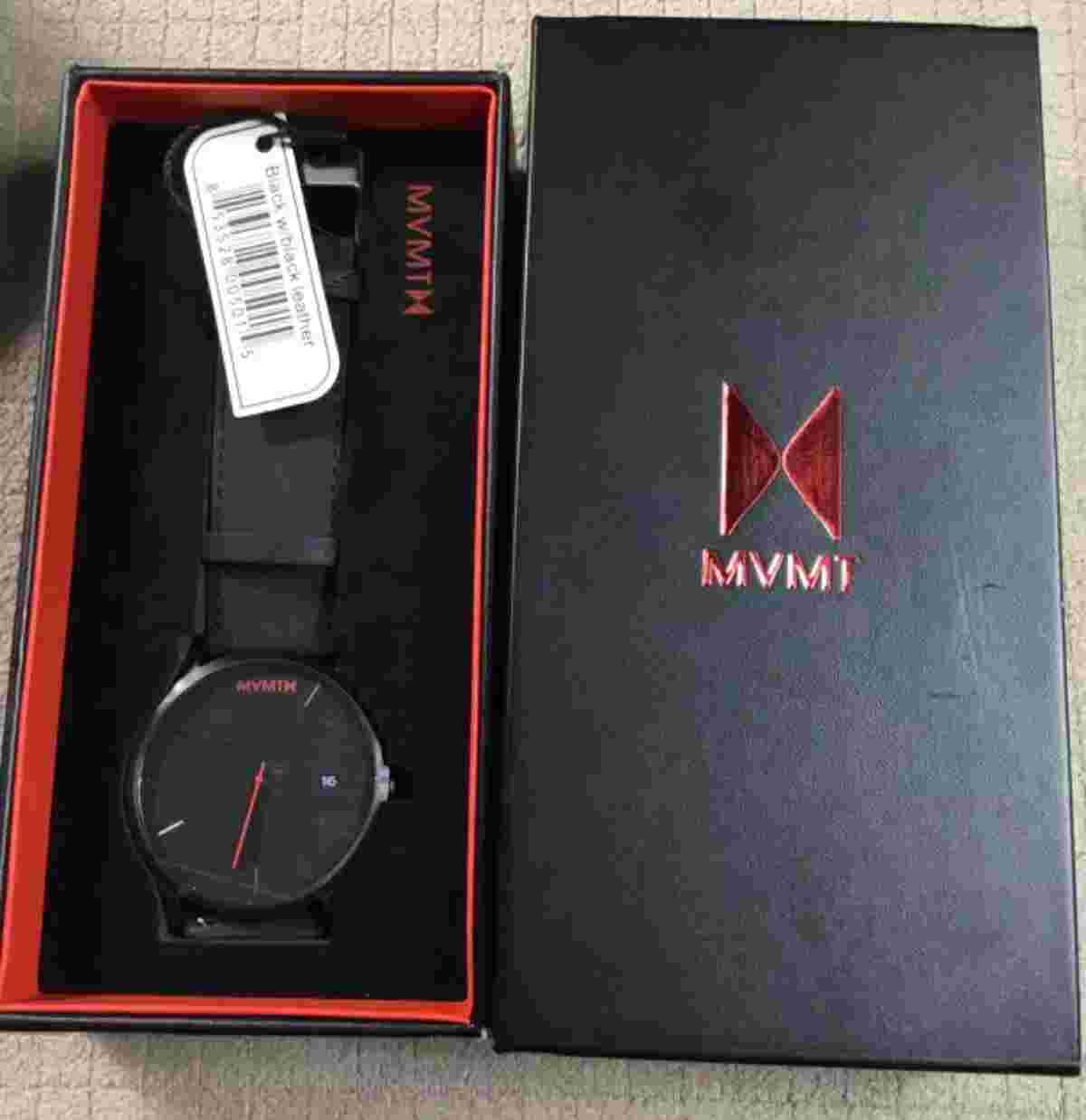 MVMT Watches Stainless Face With Black Leather Strap Blue Accents Men's Watch