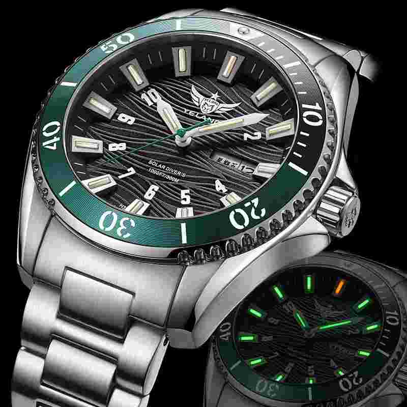 YELANG Men Military Watch Eco-Drive Solar Watches Luminous Wristwatch 300M Sport