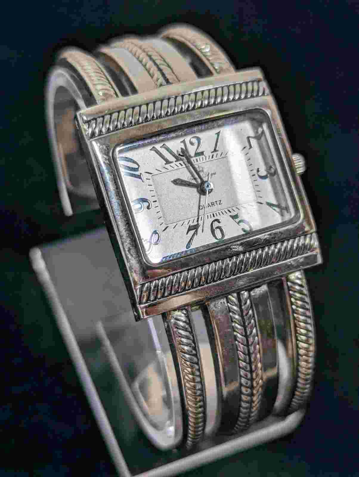 Premier Designs Silver Tone Dial Rectangle Case Hinge Bracelet Band Watch 6.5 In