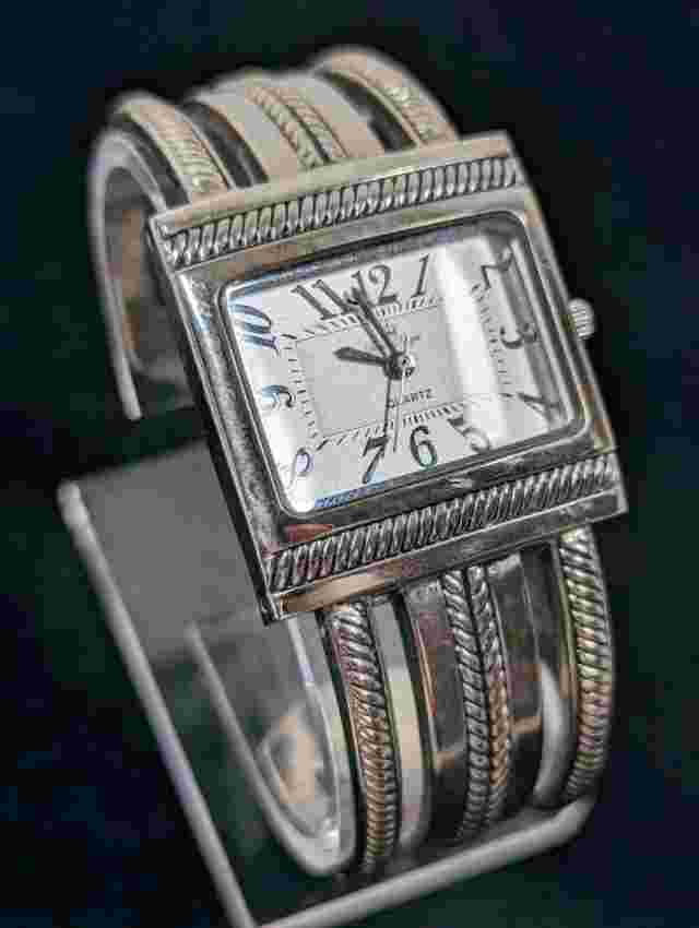 Premier Designs Silver Tone Dial Rectangle Case Hinge Bracelet Band Watch 6.5 In