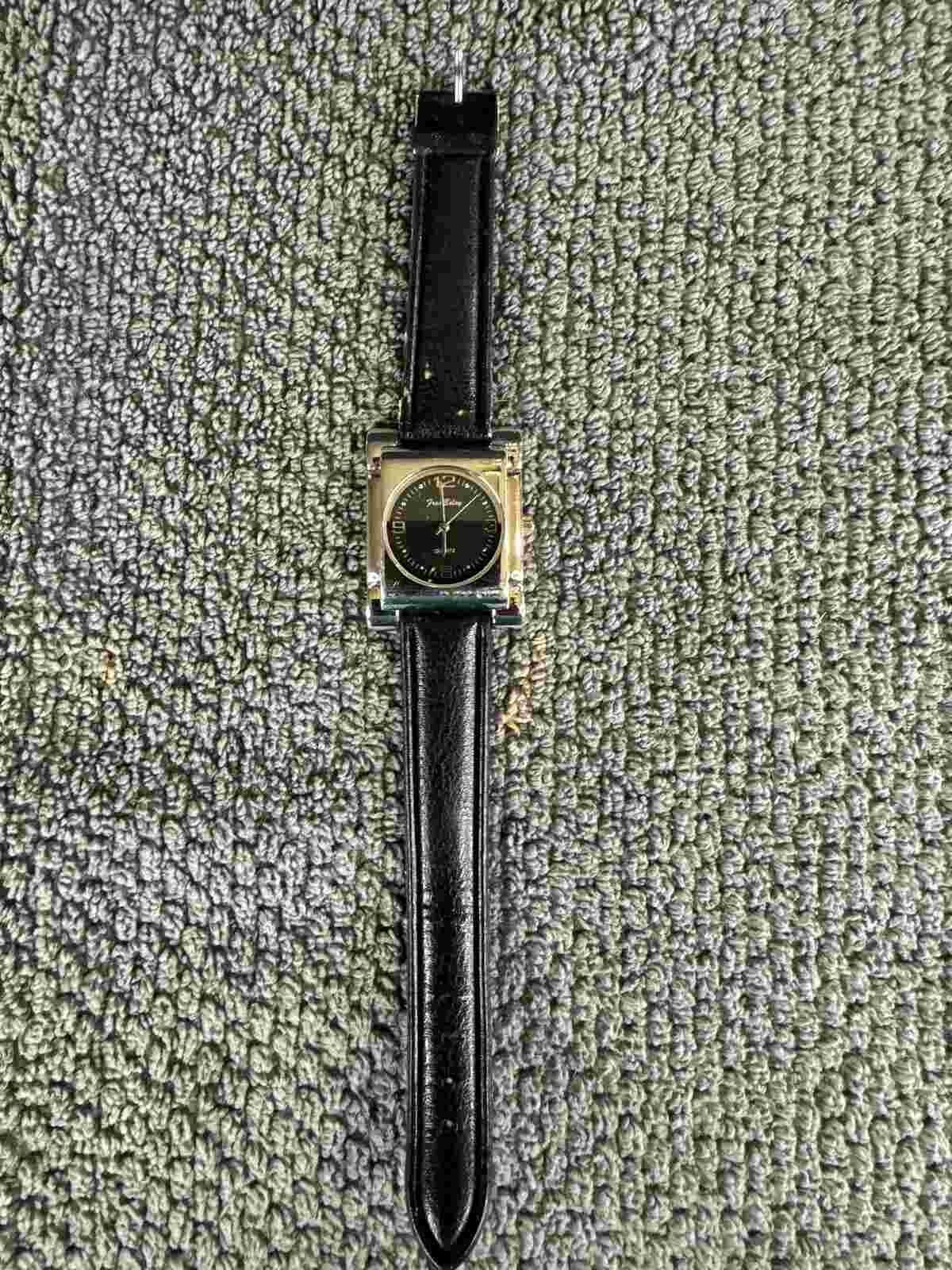 Vintage Fred Baley  women's watch sliver tone black dial black leather band